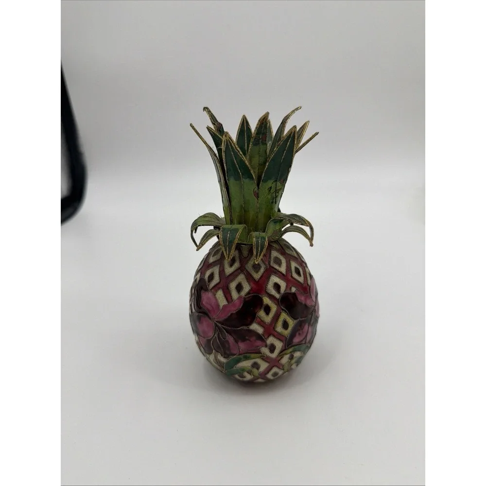 VTG Cloisonné Metal Enamel Pineapple Candle Holder Tropical Decor Purple Iris